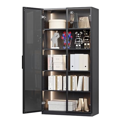 PEUKC Display Cabinet with Glass Doors, Curio Cabinets with Adjustable Shelves, Glass Cabinet Case for Home, Office, Clinic, Pantry, Assemble Required (Deep Grey, 63 in - LED Lights)