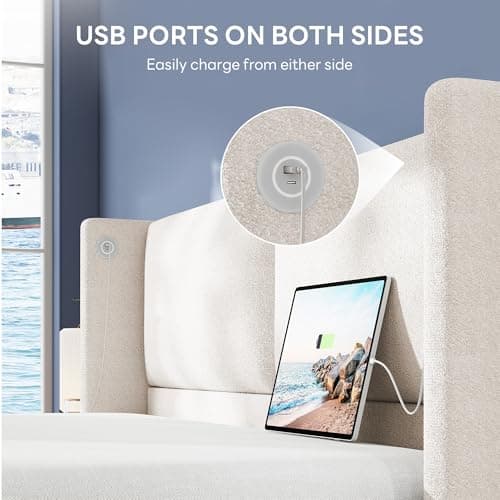 LIKIMIO Queen Bed Frame with Headboard, Upholstered Boucle Platform Bed with USB Ports, Base Camas Queen No Box Spring Needed, Cream White 5