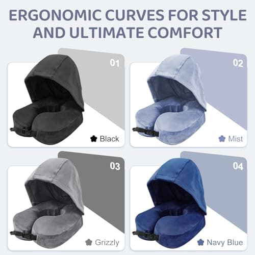 Flywish Travel Neck Pillow with Hood - Adult Travel Must Haves Airplane Hoodie Pillow, Premium Quality Memory Foam, Fit for Office, Car Ride, Sleeping. Kit with Earplugs, Luxury Bag(Mist, M) 7