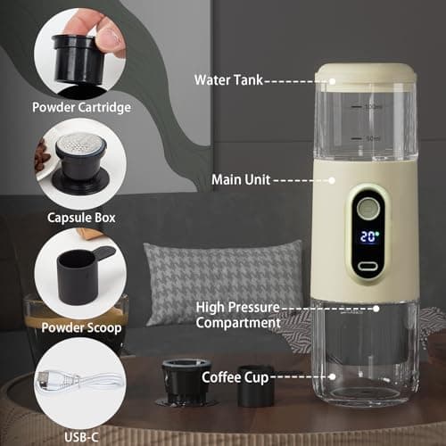 Larmstom Portable Espresso Machine, 2 IN 1 Wireless 15 Bar Pressure Mini Coffee Maker for Travel RV, Hiking, Office, Auto Shut-Off and Silent Operation, USB-C & Car Charger (White), IM-238 5
