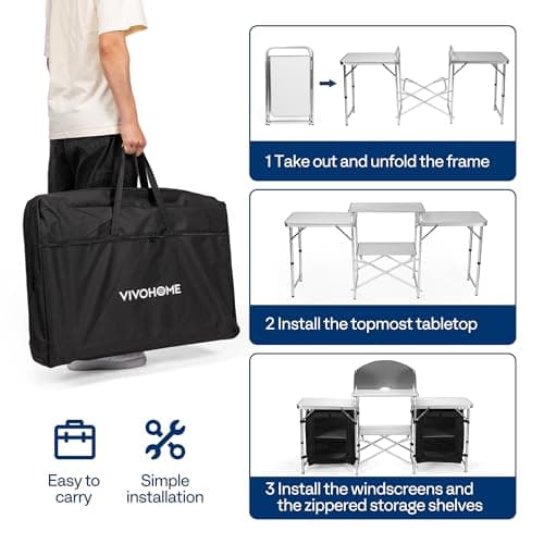VIVOHOME Folding Camping Kitchen Station Table with Storage Organizer, 2 Side Tables, Stainless Steel Windscreen, Outdoor Portable Cook Station for BBQ, Picnics 3