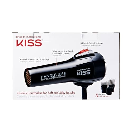 KISS Handle-Less 1875W Ceramic Tourmaline Hair Dryer, Effortless Styling Precision Blow Dryer, Cool Touch Nozzle, Triple-Layer Heat Insulation, Heat Resistant Cap, 3 Styling Attachments, Up to 450°F 10