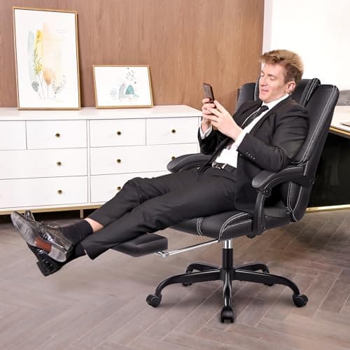 Guessky Big and Tall Office Desk Chair - Comfy Heavy Duty Reclining Executive Leather Computer Chair with Footrest - Black 7