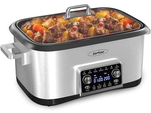 Sunvivi 8 Quart Slow Cooker Roaster Oven, 12 in 1 programmable Multi-Cooker Food Warmer with Digital Timer, Temp Control, Removable Cast Aluminum Pot & Dishwasher-Safe Tempered Glass Lid, Stainless