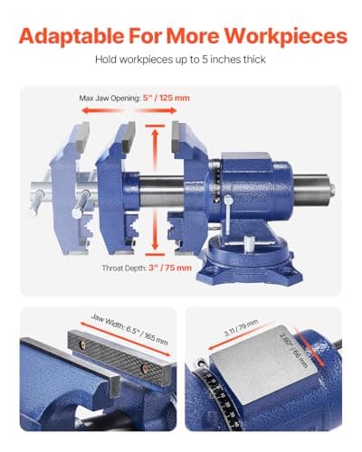 VEVOR Heavy Duty Bench Vise, 6-1/2" Jaw Width, 5" Max Jaw Opening Multi-Purpose Ductile Iron Bench Vise with Anvil, 360° Swivel Base Head, 3" Throat, 5620 lbs Clamp Force, for Pipe Repairing 7