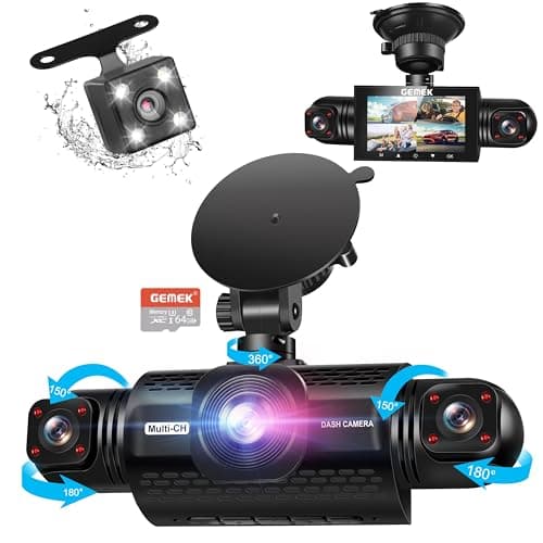 360 Degree View 4 Channel Dash Cam Front and Rear Inside Left Right, GEMEK Dash Camera for Cars FHD 1080P Free 64GB TF Card, Multi-Ch Dash Camera for Cars,Night Vision, 24H Parking Mode (3.15 inches)