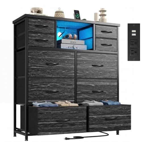 DurayLoly Dresser for Bedroom with 10 Fabric Drawers, Organizer Unit with LED Light & Charging Station, Sturdy Chest of Drawers with 2 Open Wooden Shelves for Hallway, Living Room, Dormitory (Black)