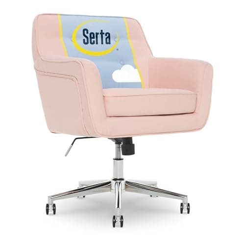 Serta Ashland Home Office Desk Chair with Button Tufted Mid-Back, Memory Foam Cushion and Padded Arms, Mid Century Modern Vanity Armchair with Wheels for Bedroom, Chrome Metal Base, Blush Pink