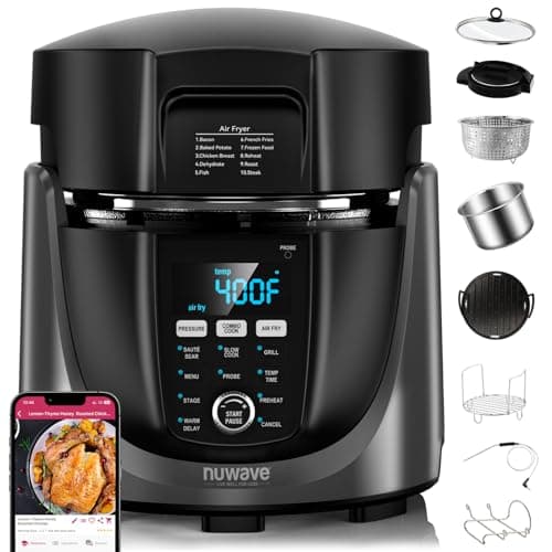 Nuwave Duet Electric Pressure Cooker & Air Fryer Combo, 450 IN 1 Slow Cooker & Grill with Integrated Digital Temp Probe, 6qt SS Pot, Adjustable High/Low Pressure, Built-in Sure-Lock Safety Tech