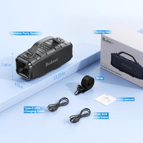 Bobtot Portable Bluetooth Speaker, 60W Peak IPX6 Waterproof, Outdoor Speaker with Handle Stereo Loud Sound, Deep Bass, 8800mAh Battery, TWS/TF/AUX/EQ Outdoor for Party Beach Camping 8