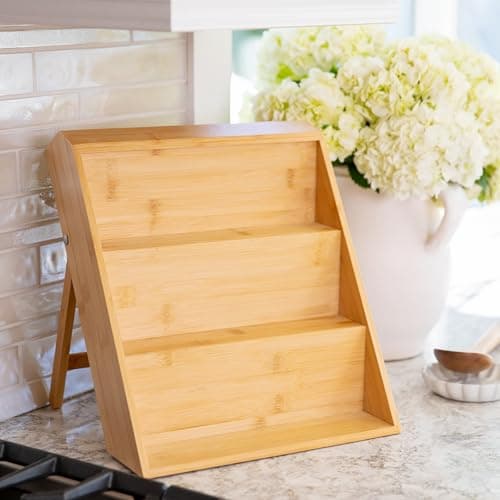 Extra Sturdy 3-Tier Bamboo Spice Rack – 12" W x 10" D x 13" H – Foldable Non-Slip Wooden Spice Organizer for Countertop and Cabinet – Includes Labels, Funnel & Hooks – Spice Jars NOT Included 7