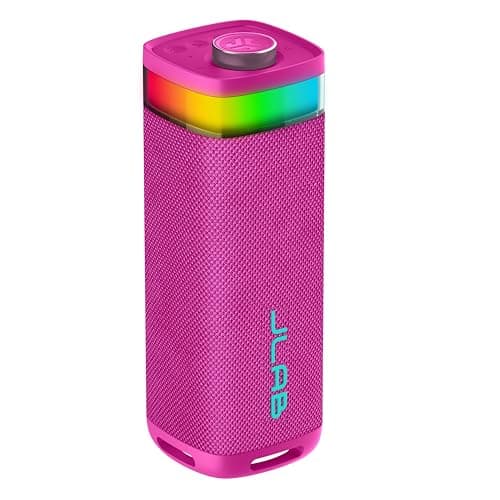JLab JBuds Party Portable Bluetooth Speaker, 2 Full-Range Drivers + 2 Passive Woofers, IP56 Waterproof, 12 Hours Playtime, Connect Multiple Speakers, Custom Sound + RGB Lighting via App, Pink