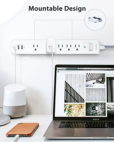 2 Pack Power Strip Surge Protector - 5 Widely Spaced Outlets 3 USB Charging Ports, 1875W/15A with 5Ft Braided Extension Cord, Flat Plug, Overload Surge Protection, Wall Mount for Home Office,White 6