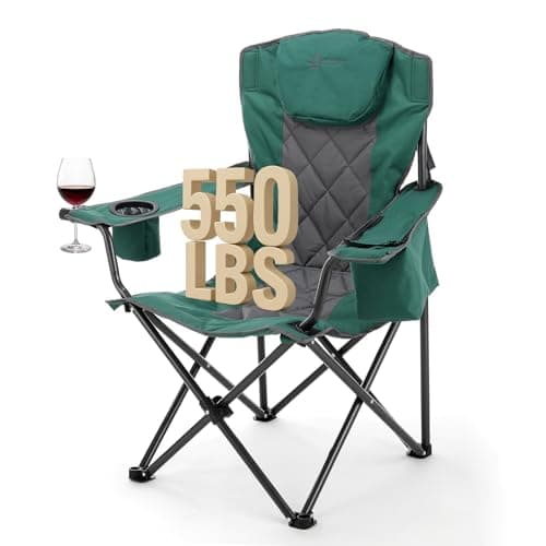 ARROWHEAD OUTDOOR Portable Deluxe Folding Camp Quad Chair w/Headrest, Glass & Cup Holders, Armest 6-can Cooler, Heavy Duty Carry Bag, 550 lbs Weight Capacity