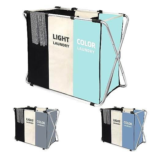 3 Section Laundry Basket Sorter, Divided Laundry Hamper with Anti-slip Strap, 180L Large Capacity Bag Storage Organizer in Laundry Room Bathroom Closet for Dirty Cloth, 15.7 x 21.6 x 28.3 Inch (Green)