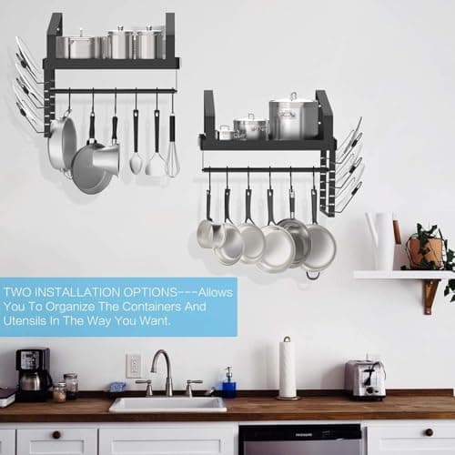 X-cosrack Pot Racks Wall Mounted Set of 2,with Towel Bar and Pots Pans Lids Organizer, Kitchen Cookware Hanging Shelves with 12 Hooks, Black 9