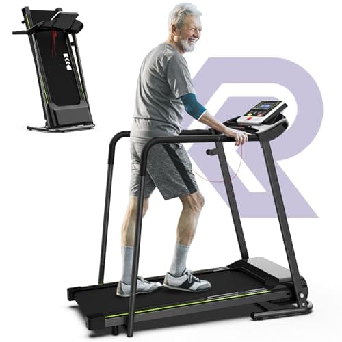 Rellysport Walking Treadmill for Seniors with Handrails - Recovery Fitness Exercise Machine for 300lbs Capacity, Foldable Treadmills for Home with Heart Rate Monitoring, Holder for Phone & Cup