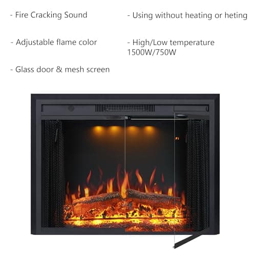 Valuxhome 35.63” W 27.5" H Electric Fireplace Insert with Low/High Temperature Settings, Movable Mesh Screen and Glass Door, 1-9H Timer, Remote and Panel Control 5