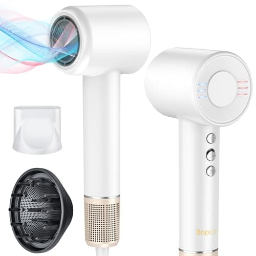 Hair Dryer -Bopcal Ionic Blow Dryer, 500 Million Ions Fast Drying, Low-Noise Hairdryer, 3 Speeds & 4 Temps with Travel Size for Professional Styling at Home/Salon