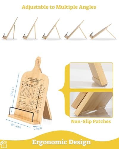 IKEDAS Bamboo Cookbook Stand, Sturdy Cook Book Holder, Recipe Book Holder with Measurement Conversion Chart, Cookbook Stand for Kitchen Counters, Essential Accessories for Holding Cookbooks 6