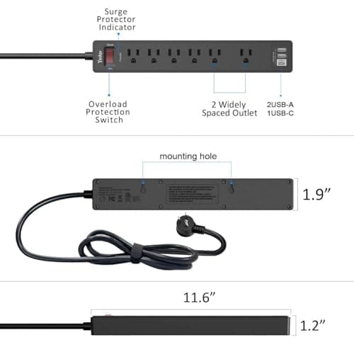 6Ft Power Strip Surge Protector - Yintar Extension Cord with 6 AC Outlets and 3 USB Ports for for Home, Office, Dorm Essentials, 1680 Joules, ETL Listed, (Black) 7