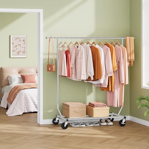 Tajsoon Clothing Rack Heavy Duty Clothes Racks Foldable Garment Rack with Wheels and Extendable Rod, Collapsible Clothing Rack Max Capacity 250lbs, Industrial Rolling Racks with Bottom Shelf, Chrome 7