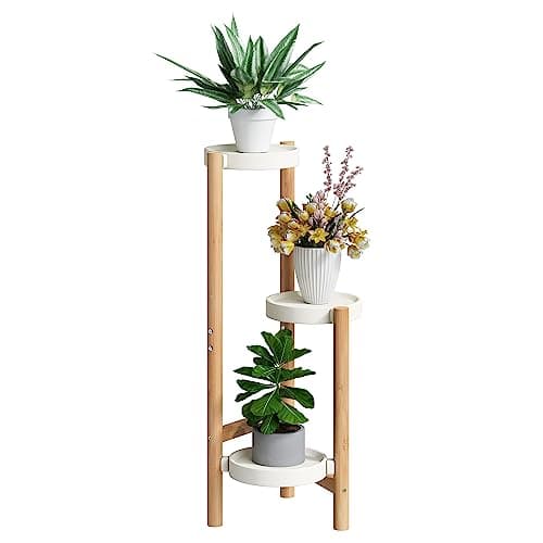 BMOSU Plant Stand For Indoor Outdoor Bamboo 3 Potted Holder Shelf Plant Rack Plants Corner Plant Shelf Plant Display Rack(White)