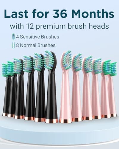 Rtauys 2 Pack Electric Toothbrush for Adults - 2 Rechargeable Electric Toothbrushes with 12 Brush Heads & 2 Travel Case, Power Electric Toothbrush with Holder, 3 Hrs Charge for 120 Days - Black+Pink 3