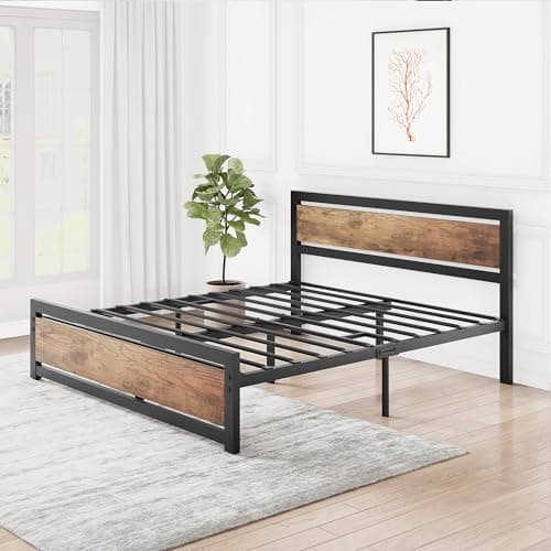 coucheta Full Size Bed Frame with Headboard, Industrial Platform Full Size Bed Frame Easy Assemble, No Box Spring Needed Full Bedframe Mattress Foundation Retro Brown, Full 7