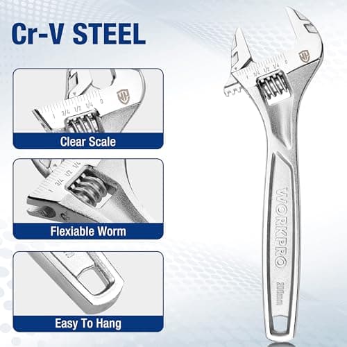 WORKPRO Adjustable Wrench, 8-inch Heavy Duty Spanner with Inch/Metric Scale, Premium Cr-V Steel, Chrome Plated 5