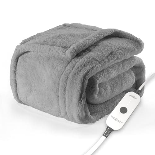 Sunbeam Royal Sherpa Foot Pocket Heated Throw Electric Blanket, 50" x 60", 4 Heat Settings, 4-Hour Auto Shut-Off, Warming Throw for Couch or Bed, Fast Heating, Machine Washable, Grey