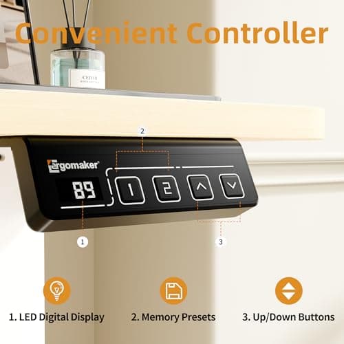 ERGOMAKER Electric Standing Desk, 31.5" x 23.6" Height Adjustable Sit Stand Desk with Splice Board for Home Office, Computer Desk Memory Preset (White Frame, Gold Oak Desktop) 6