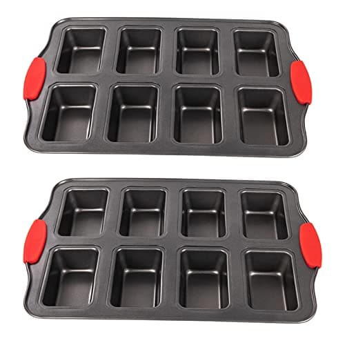 PLAZOTTA 2 Packs 8 Cavity Non-Stock Mini Loaf Pan with Silicone Handle, Mini Bread Loaf Baking Pan Mini Brownie Pan Cheesecake Mould Rectangular Bar