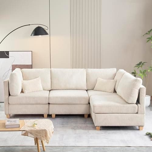 Eafurn 4 Seat Free Combination Convertible Modular Sectional Sofa with Movable Ottoman, L Shaped Corduroy Upholstered Corner Couch with Wooden Legs and Thicked Cushions for Living Room Furniture Sets