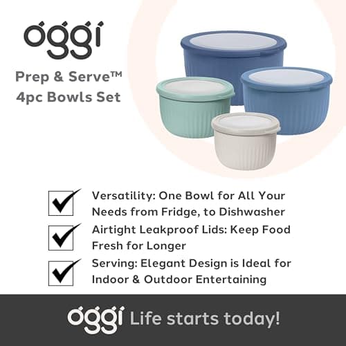 Oggi Set of 4 Prep, Store & Serve Plastic Bowls - w/See-Thru Lids- Dishwasher, Microwave & Freezer Safe, (0.7, 1.4, 2.6, 4 Quarts) - Multicolor 6