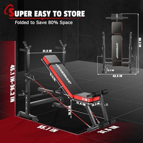 OPPSDECOR Adjustable Weight Bench Set with Squat Barbell Rack and Removable Foot Bracket, Bench Press Workout Bench with Weight Storage Sit up Incline Flat Decline 600lbs 6 in 1 Weight Bench for Full 6