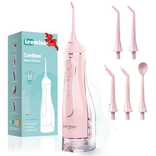 Leominor Water Flosser Pick for Teeth, 300ML Portable Oral Irrigator Upgraded Tank Removable,IPX7 Waterproof, Rechargeable Travel Teeth Cleaner, Professional Electric Flossing Machine (Pink)
