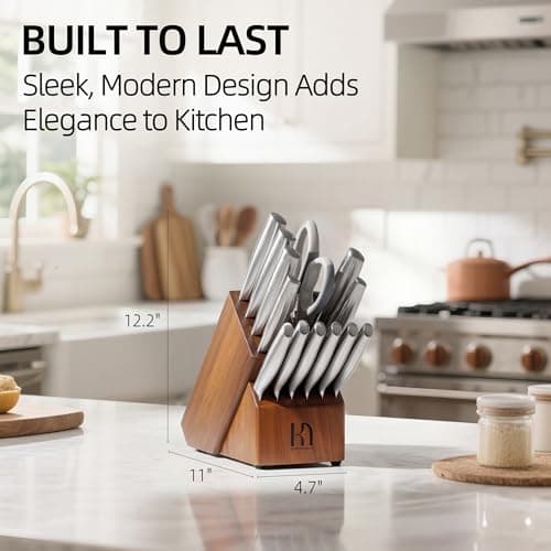 KnifeSaga Kitchen Knife Set 14 Piece Premium Japanese High Carbon Stainless Steel Knife Block Sets with Built-in Sharpener, Razor Sharp Knives Set for Kitchen, Quality Acacia Wood Block Knife Set 7