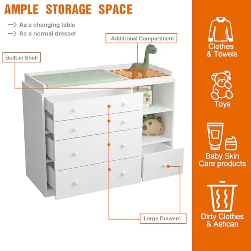 Timechee Changing Table Dresser, Baby Classic Nursery Dresser with 5 Drawers and 2 Shelves, Multi-Functional Baby Changing Table, Diaper Changing Station for Children's Room, White 5