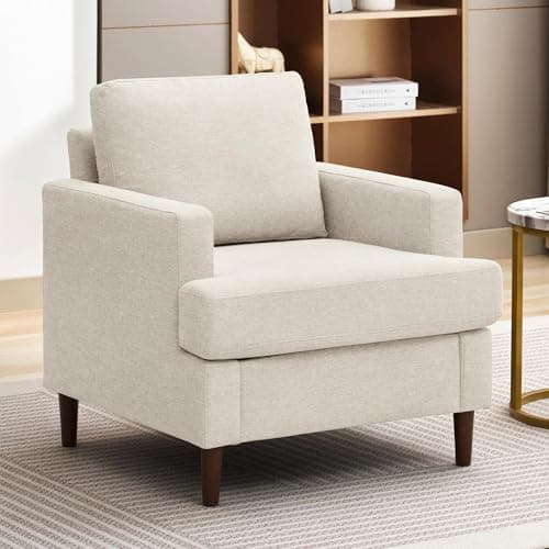 Weture Mid-Century Accent Chair,Modern Linen Fabric Armchair for Living Room,Comfy Upholstered Reading Accent Chairs for Bedroom,Single Sofa Chair with Wood Legs (Beige, 1 Pack)