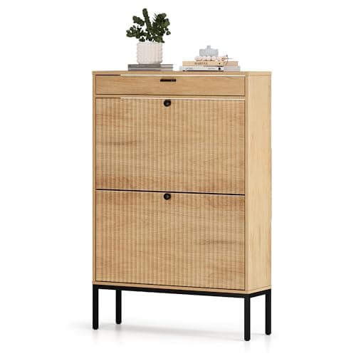 XIAO WEI Shoe Cabinet, Shoe Storage Organizer Cabinet with 2 Flip Wavy Line Drawers, Freestanding Shoe Rack with Adjustable Shelf for Entryway, QH242-1