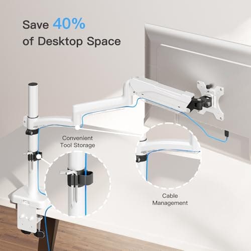 MOUNTUP 27inch Extra Long Monitor Arm, Single Desk Mount for 22-32 inch, Tall Monitor Stand Holds 4.4-19.8lbs, Height Adjustable Monitors Stand for Desk with C-Clamp/Grommet Base, White 5
