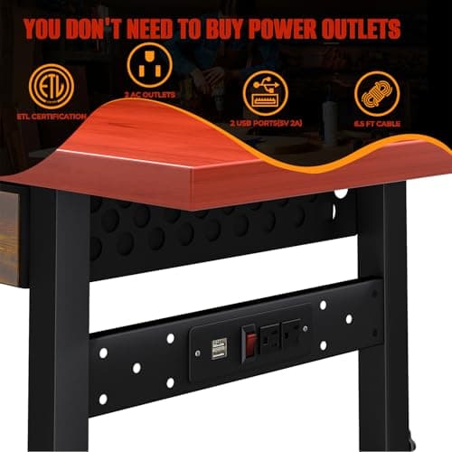 Work Bench, 60" Heavy Duty Workbench, Adjustable Height Work Table with Drawers & Power Strip, 2000LB Capacity, Solid Rubber Wood Garage Workbench, Wood Working Bench, Workshop Desk 5