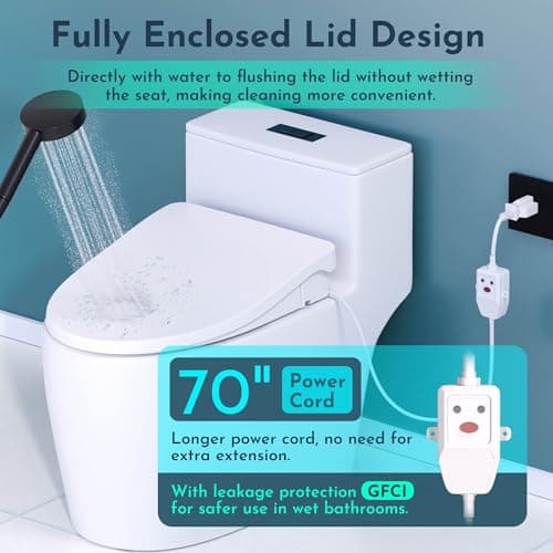 Electric Heated Bidet Warmer Water Toilet Seat Elongated with Bubble Wash, Warm Air Dryer, Endless Warmer Water, Remote Control, Curved Spray Bar, 70" Power Cord, Clean Water 7