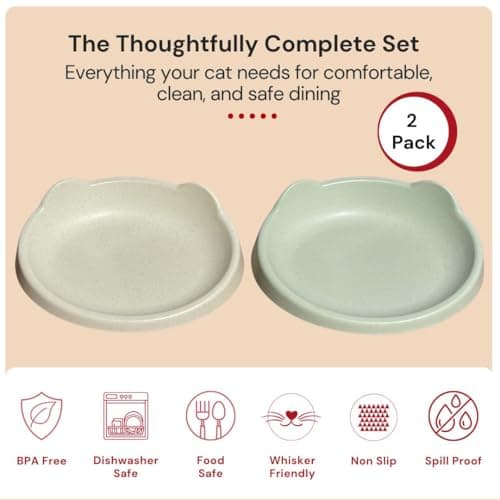 7 Ruby Road Anti Whisker Fatigue Cat Bowl, Set of 2 - Wide Food Bowls, Wet and Dry Shallow Food Dish, Small Cat Dishes for Indoor Cats, Cute Kitten Bowls Whisker Friendly & Relief, Non-Slip Plates 7