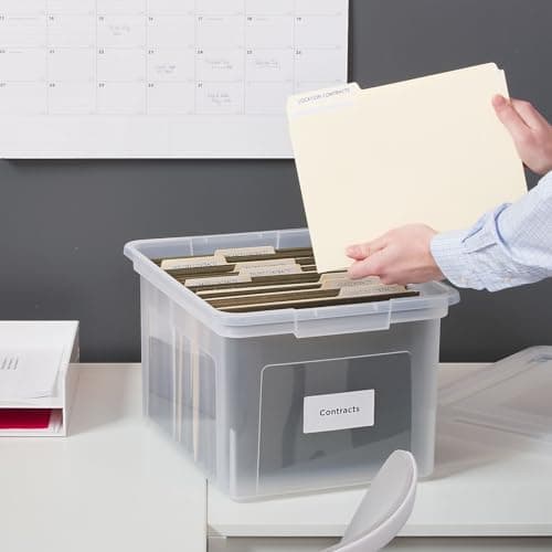 STAPLES Hanging File Folder Box, Storage Bin Organizer, Snap Lid, Letter & Legal Size Documents, Clear 7