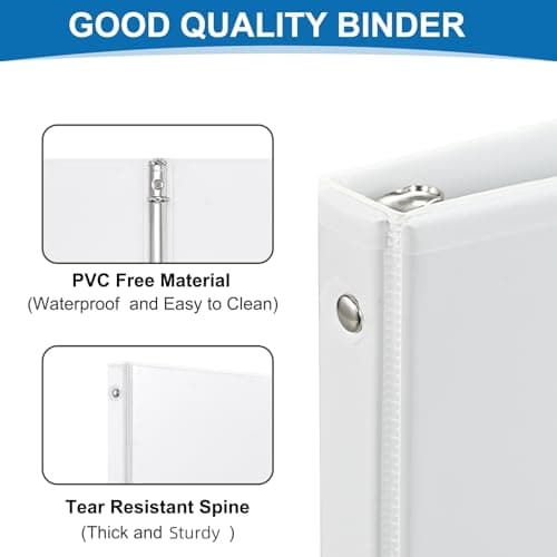 1/2 Inch 3-Ring Binder, 0.5-inch Round Ring Binder with 2 Inside Pockets, 12 Pack White Binders, Clear View CoverBinder Holds 8.5'' x 11''Paper for Office/Home/Back to School 6