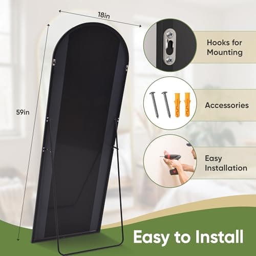 Furnbar Full Length Mirror, 59"x18" Arched Full Body Mirror, Floor Mirrors with Stand, Body Mirrors Standing Hanging Leaning Against Wall,Aluminum Frame Mirrors for Bedroom Cloakroom,Living Room,Black 8