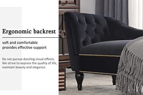 Bellemave 58'' Velvet Chaise Lounge, Button Tufted Right Arm Facing Lounge Chair with Nailhead Trim & Solid Wood Legs, Mid-Century Modern Sleeper Sofa Chair for Living Room, Bedroom, Office (Black) 6