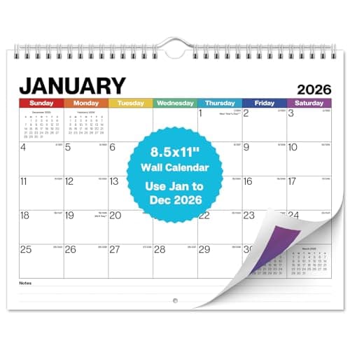 Dunwell 8.5x11" Wall Calendar 2026 (Colorful), Use January to December 2026, Hang on Wall or Use as 8.5 x 11 Office Desk Calendar